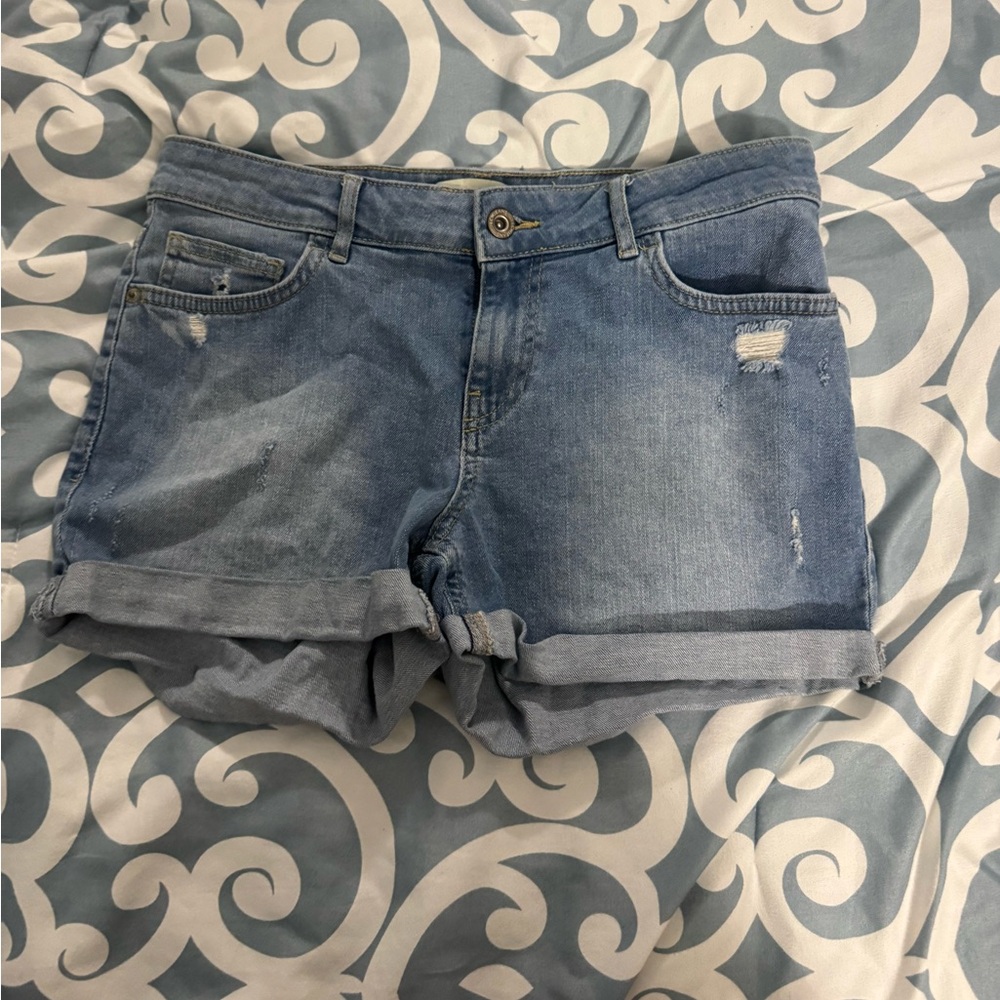 Blue Jean Shorts with Cuffed Hem and Distressed Details